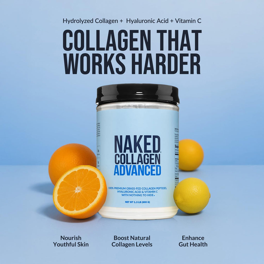 NAKED Collagen Advanced - Peptides Protein Powder, Hyaluronic Acid, Vitamin C, Pasture-Raised, Grass-Fed Hydrolyzed Collagen Supplement, Paleo Friendly, Non-GMO, Keto, Gluten Free, 21oz - 30 Servings