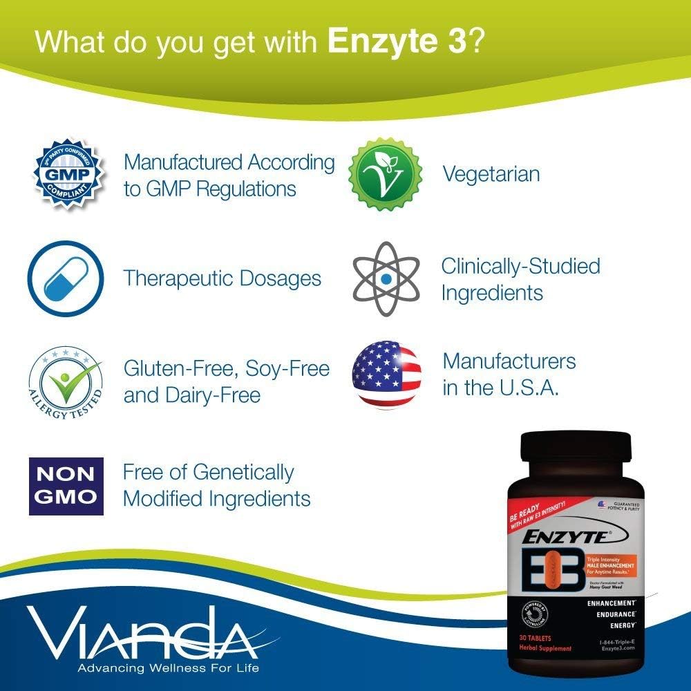 Enzyte3® Natural Male Enhancement Supplement for Energy and Endurance - L-Citrulline, Epimedium, Guarana Seed Extract, & Horny Goat Weed and More 30 Day Supply - 6 Pack Bundle