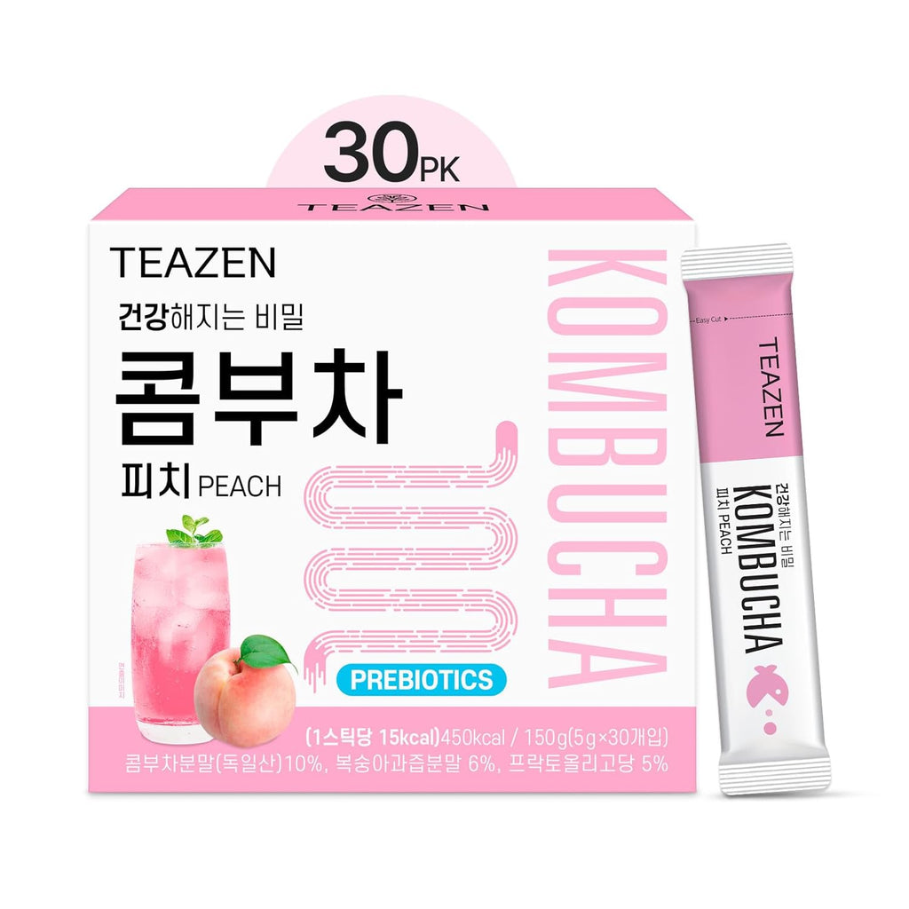 TEAZEN Peach Kombucha Tea, Hydration Drink Mix, Sugar Free, Live Probiotics & Prebiotics, 30 Sticks, 5.29oz