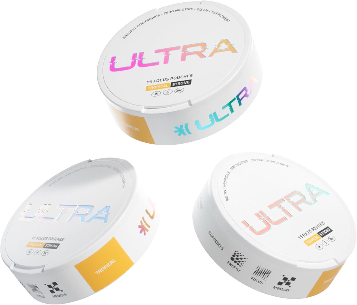 Ultra Focus Pouches with Vitamin B12, L Theanine, Vitamin B6, Ginseng & Alpha GPC, Natural Adaptogens and Nootropics for Energy and Clarity, Plant Based and Caffeine Free, Tropical, 3 Pack