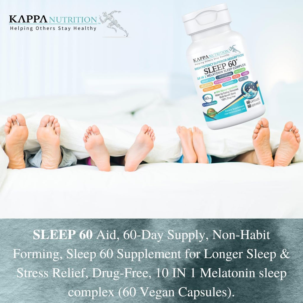 KAPPA NUTRITION Sleep 60, Sleep Aid, 60mg of Melatonin, 60-Day Supply, Non-Habit Forming Vegan Capsules Natural Ingredients for Easier Bedtime, Herbal Supplement, Valerian Root, Chamomile Non-GMO