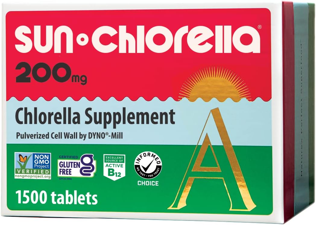 Sun Chlorella 200 mg Green Algae Superfood Supplement - Pulverized Cell Wall - Chlorophyll, CGF, Active B12, Iron, Protein - Non-GMO - 1500 Tablets