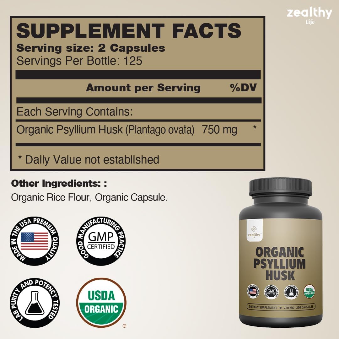 Organic Psyllium Husk Capsules, Natural Fiber Supplement for Gut Health* - Alternative to Psyllium Husk Powder, Zealthy Life, 250 Capsules