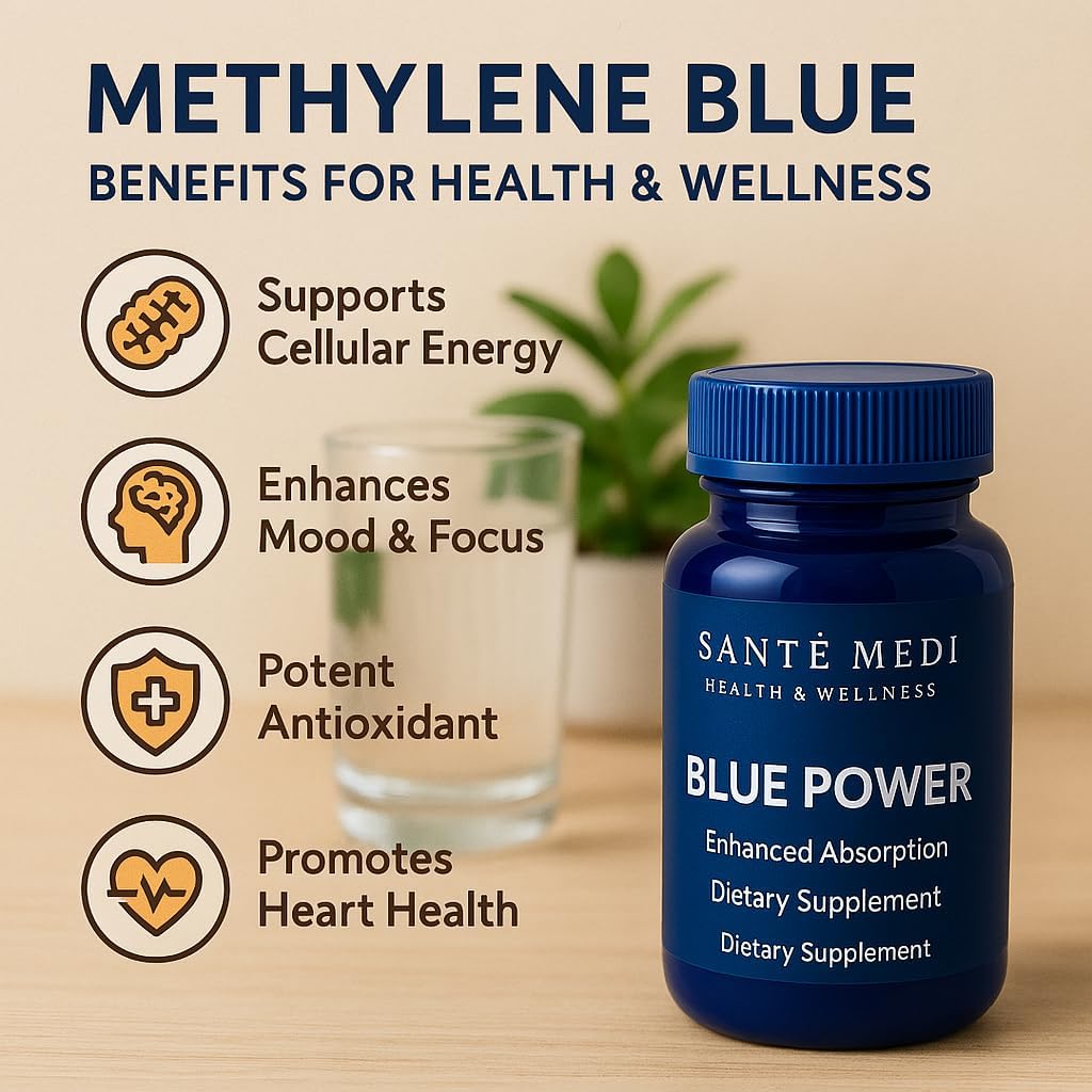 Blue Power - Methylene Blue (USP Grade) Pharma Grade - 60 Capsules with Added Vitamin C Ester for Enhanced Absorption - Brain Supplement for Memory, Focus, Clarity, Cognitive Function