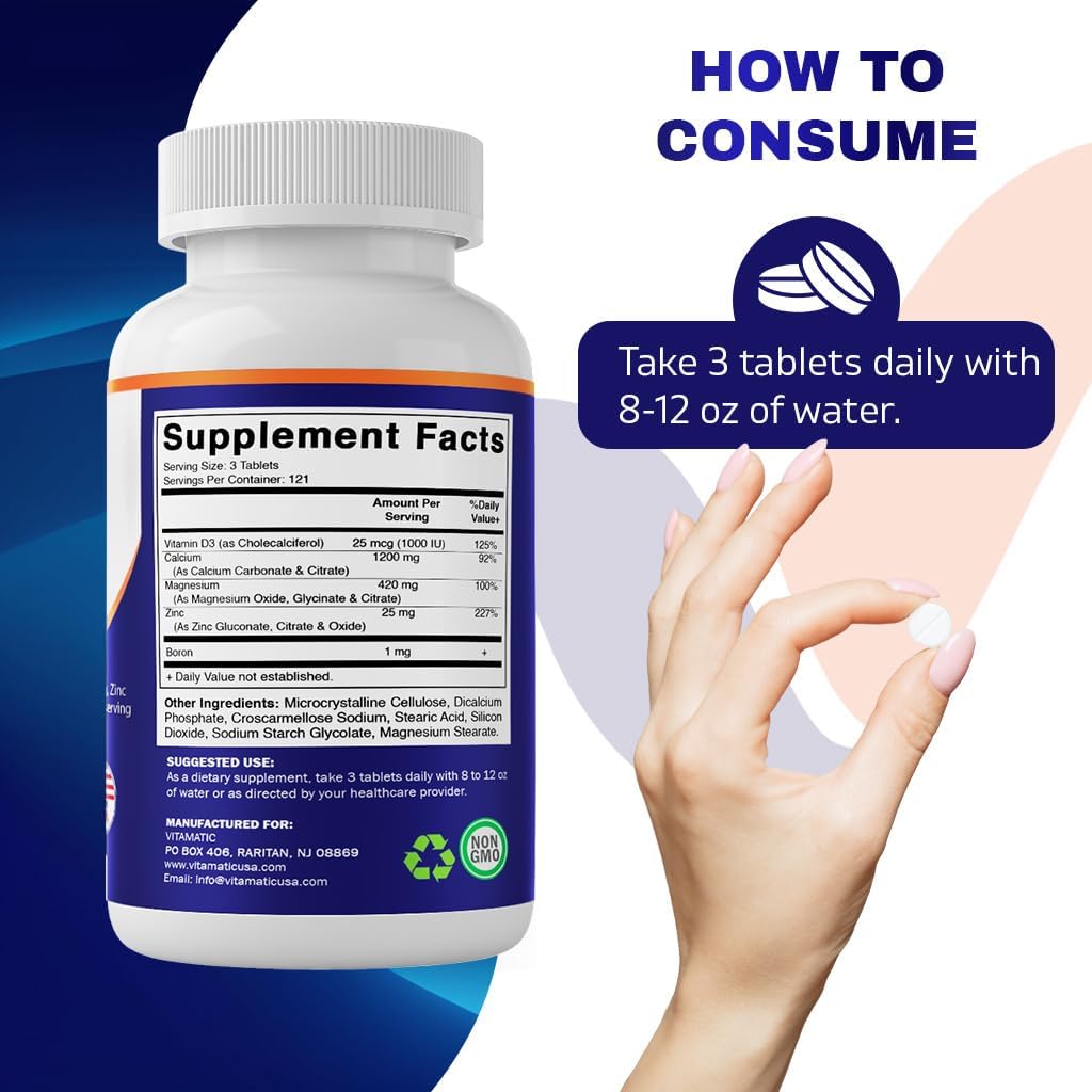 Vitamatic Calcium Magnesium Zinc D3 Boron | 365 Coated Tablets Supplement | Calcium 1200 mg, Magnesium 420mg, Zinc 25mg, Vitamin D3 1000 IU, Boron 1 mg | Non-GMO | Gluten Free | Made in USA