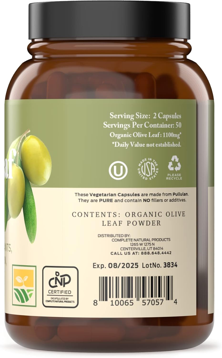 Complete Natural Products Organic Olive Leaf Capsules - 550mg, 100 Count, 1100mg per Serving