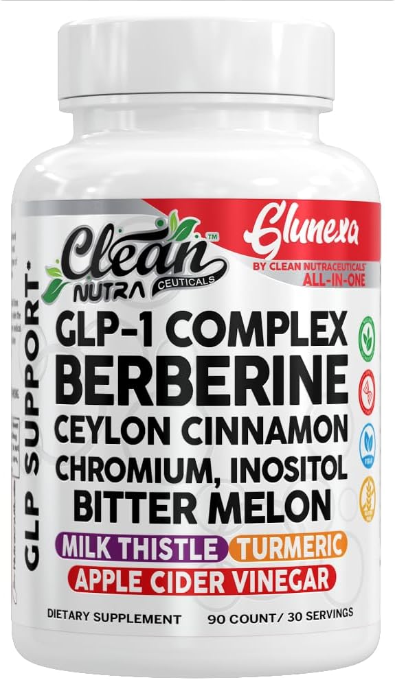 Glunexa Berberine GLP1 Support Supplements Ceylon Cinnamon Apple Cider Vinegar Chromium Myo-Inositol Bitter Melon Milk Thistle Ashwagandha Turmeric - 90 Capsules by Clean Nutra