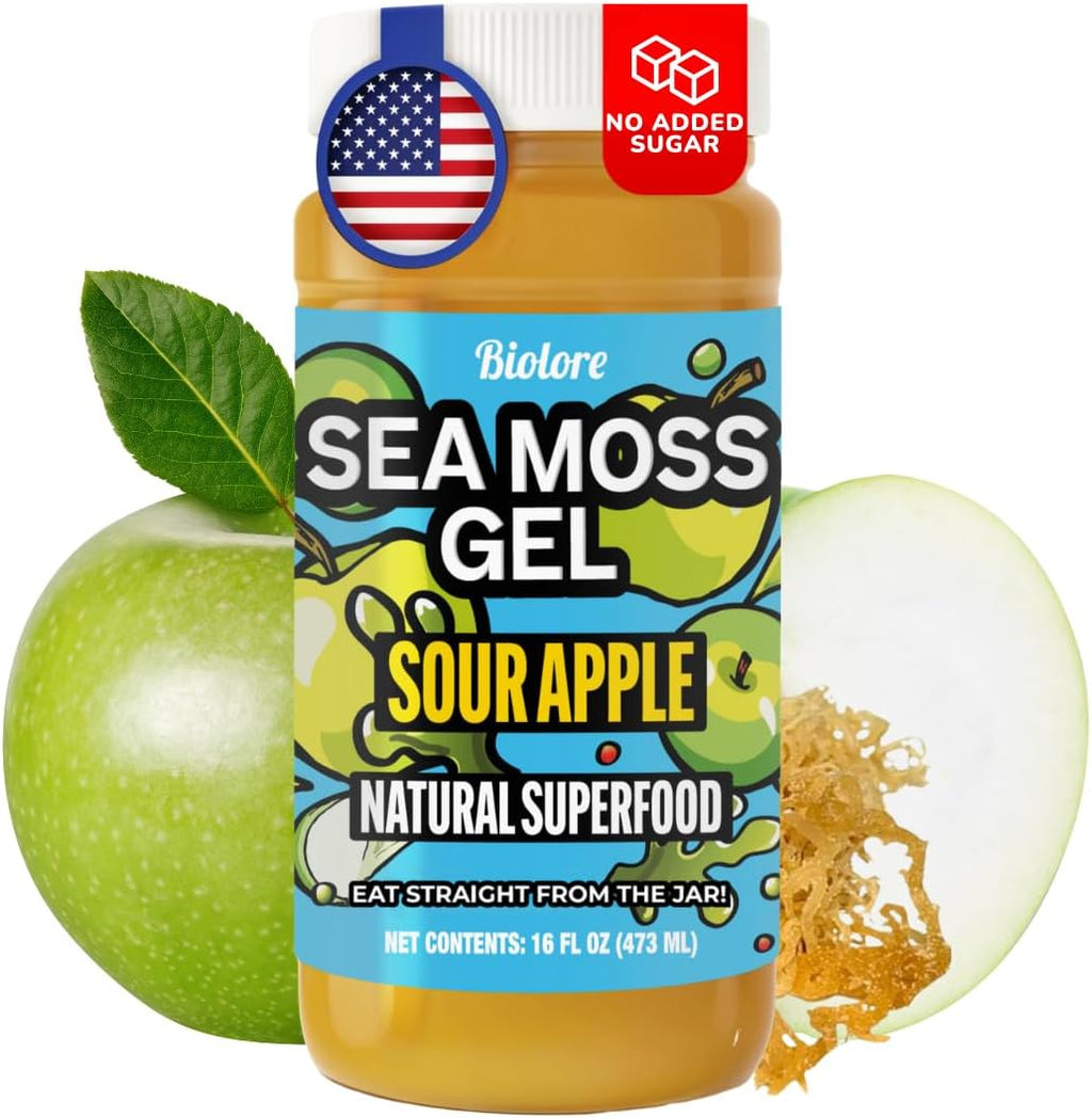 Biolore Sour Apple Sea Moss Gel 16 oz - No Added Sugar, Vegan, Made in USA - Wildcrafted Sea Moss Superfood with 92 Essential Vitamins - Ready to Use, No Prep Needed