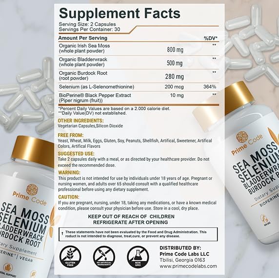 Prime Code Sea Moss Capsules with Selenium, Bladderwrack & Burdock Root – BioPerine® Enhanced Absorption – Vegan Daily Supplement for Immune, Skin, Gut & Energy Support – Pure Formula, No Sugar