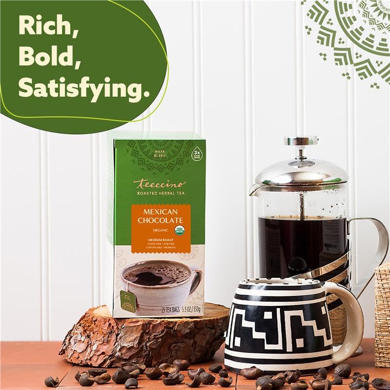 Teeccino Mexican Chocolate Herbal Tea - Rich & Roasted Herbal Tea That’s Caffeine Free & Prebiotic for Natural Energy, 25 Tea Bags