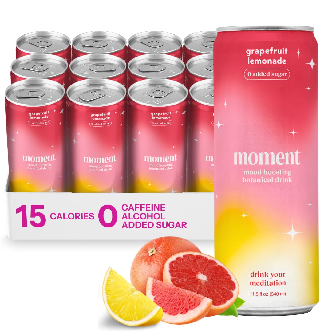 Moment Botanical Soda Soft Drink (Shark Tank) - SPARKLING Non Alcoholic Drinks | Grapefruit Lemonade | L-Theanine & Ashwagandha for Calm & Clarity | 0 Added Sugar 0 Caffeine | 12-pack