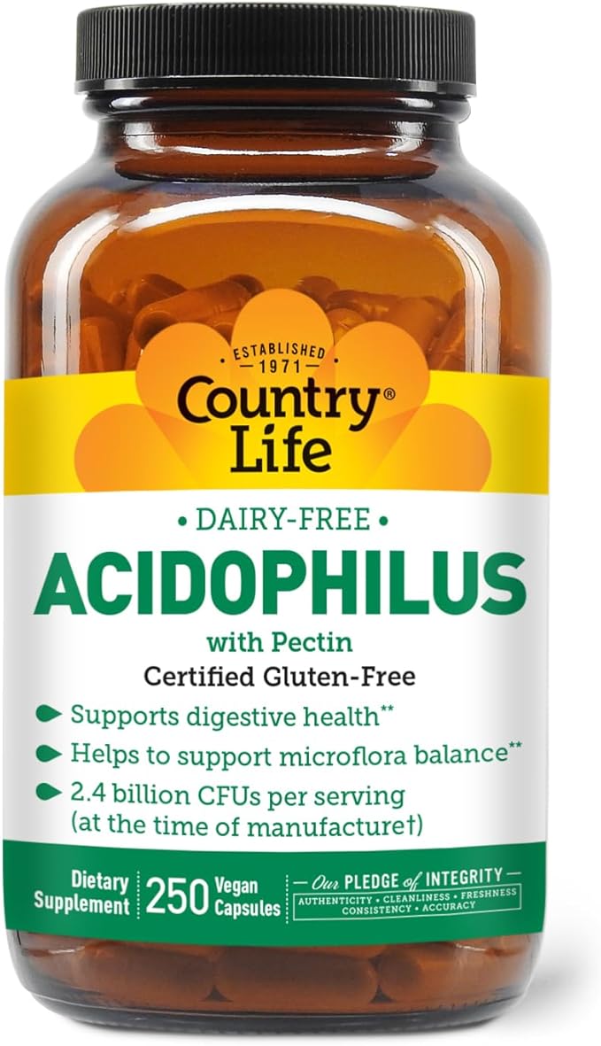Country Life Acidophilus Probiotic Supplement for Women & Men - Free from Common Allergens - 2.4 Billion CFUs to Support Digestive Health - Dairy-Free, Non-GMO, 250 Vegan Capsules