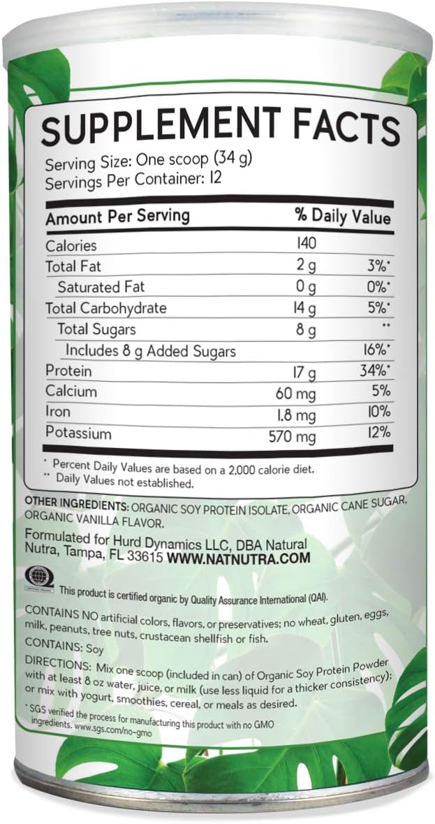 Natural Nutra Organic Vegan Plant Based Soy Protein Source Powder, Support Midlife Transition, Supports Bone and Improves Cardiovascular Health, Gluten Free, Non GMO, Sugar-Free 14.4 OZ.