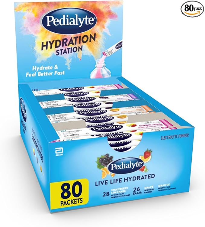 Pedialyte Electrolyte Powder Packets | Hydration Drink for Kids & Adults | Hydration Station Variety Pack: Grape, Strawberry Lemonade, and Orange, 80 Powder Packets