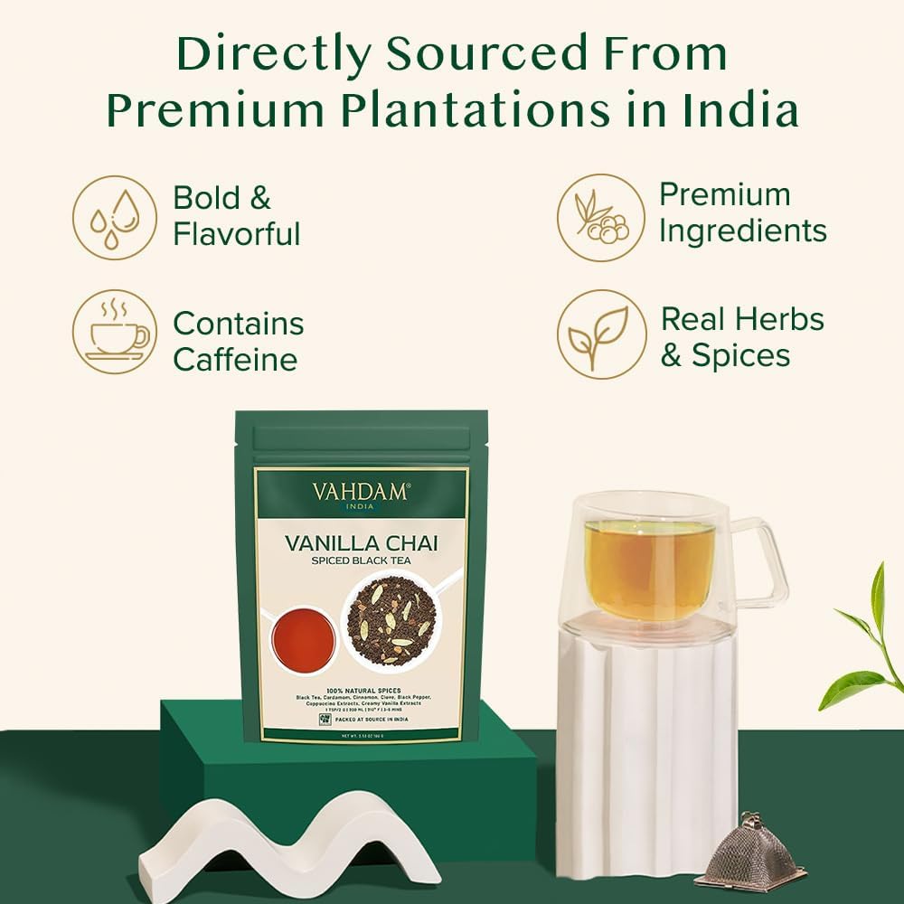 VAHDAM Vanilla Spiced Masala Chai | 3.53oz (50 Cups) Gluten Free Delicious Blend Of Vanilla & Masala Chai | Spiced Chai Tea Loose Leaf | Brew As Hot, Cold Or Iced Tea | Vacuum Sealed Pack
