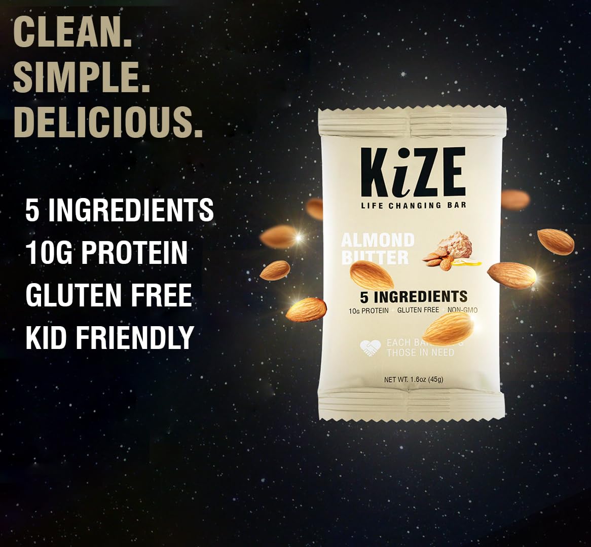 KiZE Energy Bars - Almond Butter - Almond-Butter-Based, Gluten Free, Non-GMO, and High Protein Meal Replacement Energy Bars, Clean and Simple Food Ingredients - 10g High Protein Snacks, (10 Count)