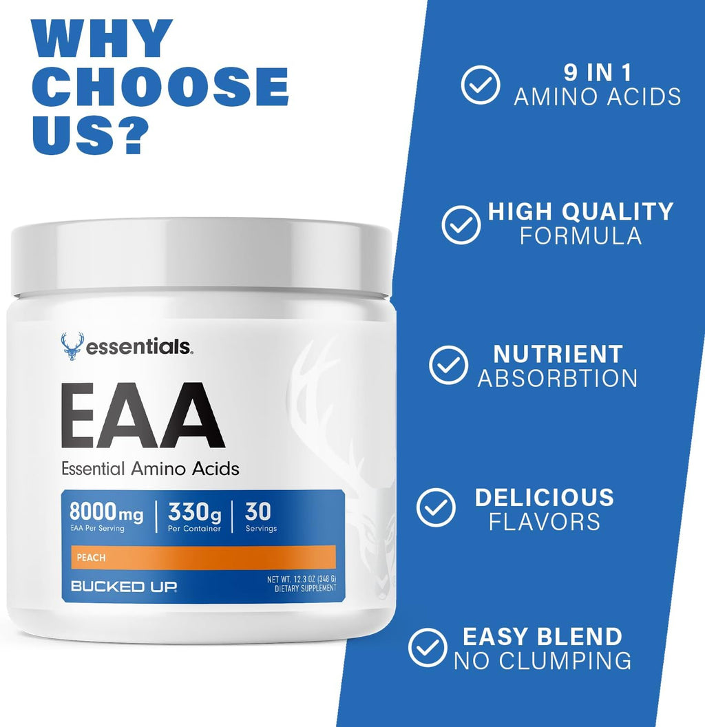 Bucked Up Essential Amino Acids - EAA Powder - Easy Mix, Non Clumping Formula - for Pre/Intra Workout - Peach Flavor - 30 Servings - 11.6 oz