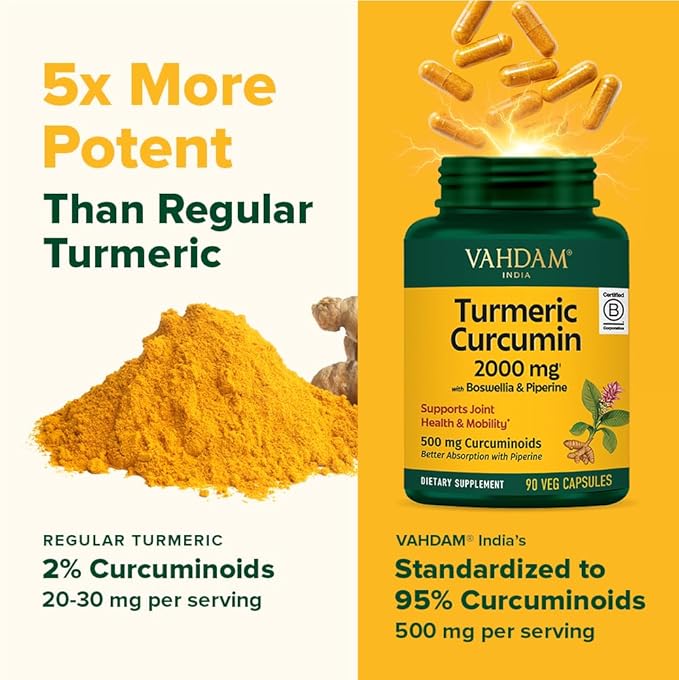VAHDAM, Turmeric Curcumin Supplement 2000mg (500mg Curcuminoids) with Boswellia & Piperine for Fast Absorption | Supports Joint Health and Mobility | 90 Capsules