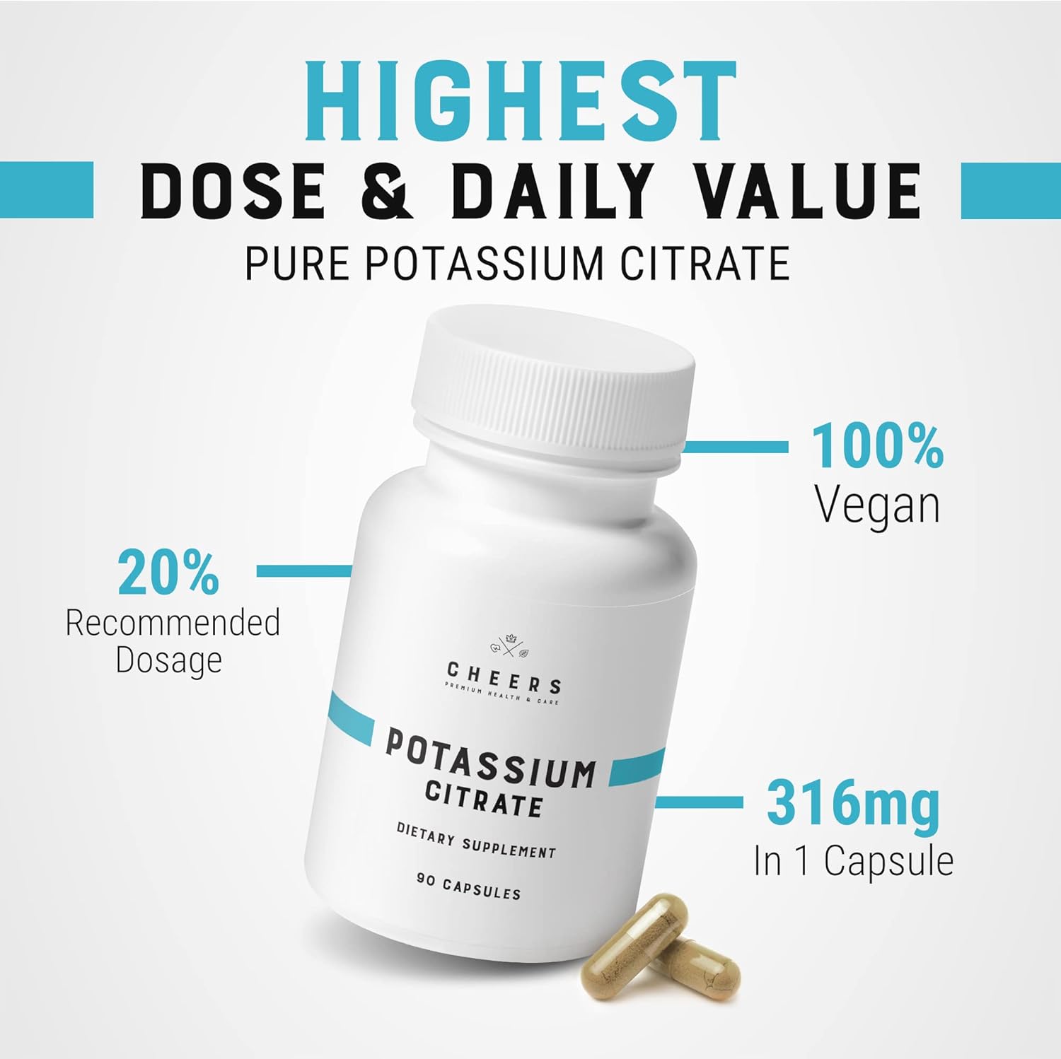 Cheers Potassium Citrate Supplement | 316mg Per Capsule | 20% Daily Value | Supports Muscle, Nerve & Heart Function | High Absorption Electrolyte for Potassium Deficiency | 90 Vegan Capsules