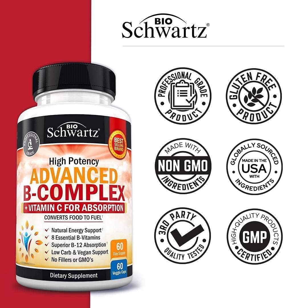 Vitamin B Complex with Vitamin C for Maximum Absorption - Methylcobalamin b12 & Folate Folic Acid Supplement - B1 B2 B3 B5 B6 B7 B9 for Immune Energy & Nervous System Support - Non-GMO, 60 count
