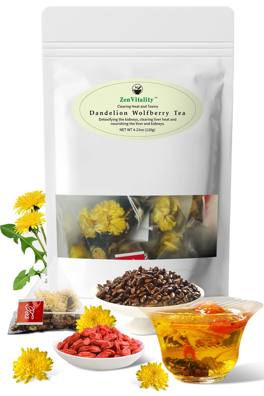 ZenVitality® Organic Dandelion Wolfberry Tea Bags Natural Support Kidney & Liver, Detox & Wellness Tea With Chrysanthemum, Goji Berry, Gardenia, Cassia Seed, Orange Peel, Dandelion Leaf Tea 120g