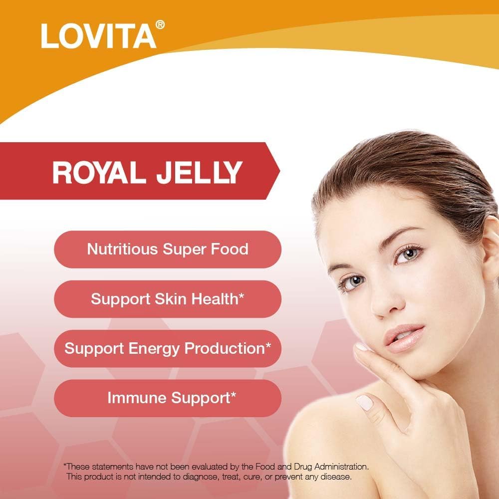 Lovita Royal Jelly 333 mg, 3:1 Concentrate, with 20mg 10-HDA, Natural Source Super Food, Supports Skin Health & Energy Production, 60 Capsules