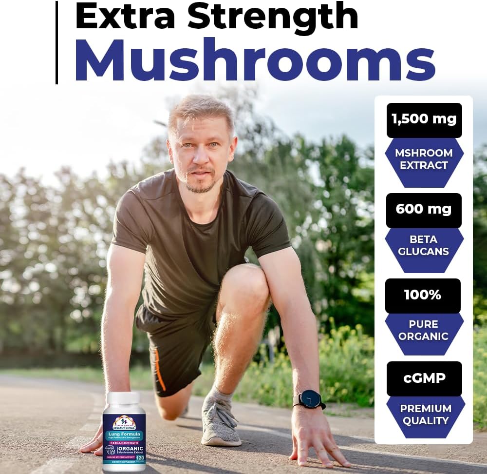 CANCER SCIENCES Lung Health & Wellness Supplement, USDA Certified Organic Mushrooms Extract, 1,500 mg Extra Strength, High Potency 40% Beta-Glucans, Immune Support, Healthy Lungs Booster, 120 Capsules