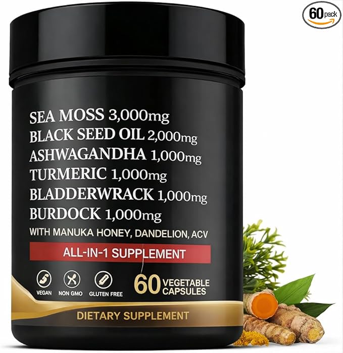 True Sea Moss Black Seed Oil Ashwagandha Burdock Root, Tumeric Supplement with Manuka Honey, Dandelion Root ACV - 60 Capsules - Multi Vitamin