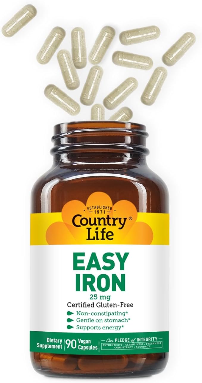 Country Life Easy Iron 25mg Capsules - Gentle Non-Constipating Ferrochel - Vegan Vitamin Supplement for Women & Men - Supports Body Energy