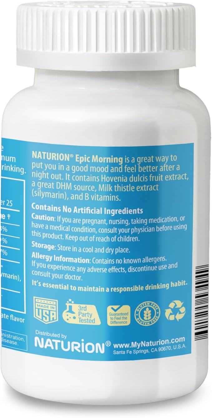 Epic Morning - Liver Detox & Repair Supplement with DHM, Milk Thistle, Vitamin C, B1, B2 & Pomegranate - Natural Pomegranate & Peach Flavor - 50 Chewable Tablets for Liver Support & Morning Recovery