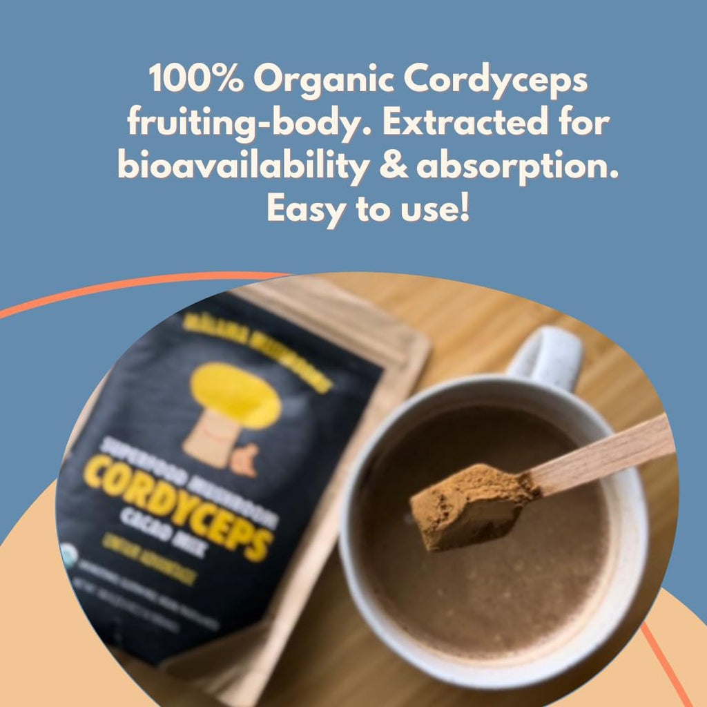 Malama Organic Mushroom Hot Cacao Mix, Cordyceps Mushroom Powder with Fair Trade Cacao, Supports Energy & Immune Health – Vegan Supplement & Superfood, Non GMO, 3.5 oz (50 Servings)