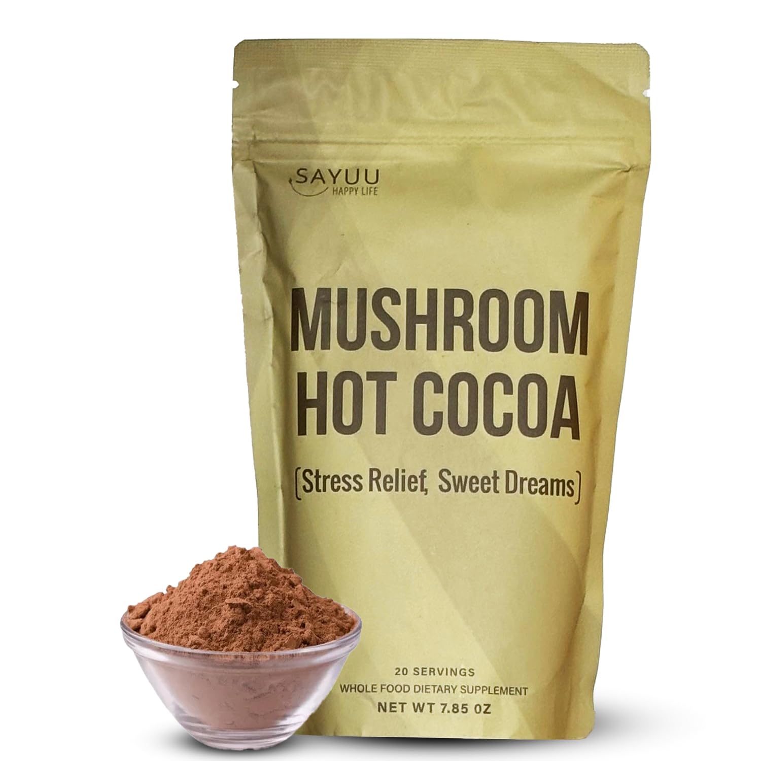 SAYUU Mushroom Coffee Hot Cocoa Mix –Instant Coffee Blend Enriched with Reishi, L-Theanine, Melatonin, Rich Cacao Flavor, Gut & Immune Health Support, Quick & Easy Bedtime Drink - 20 Servings