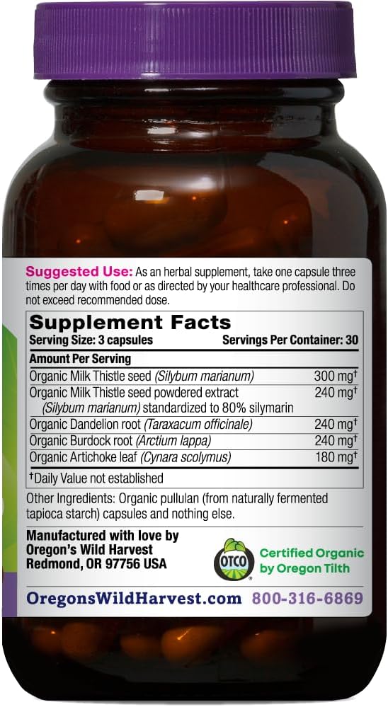 Oregon's Wild Harvest Certified Organic Milk Thistle Dandelion Capsules Liver Support Extract Standardized to 80% Silymarin, 90 Count