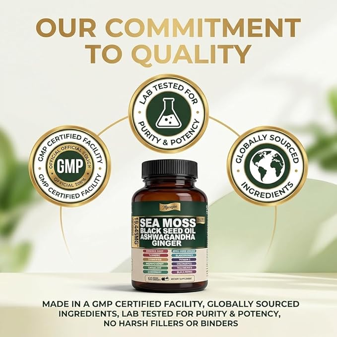 Sea Moss Capsules with Black Seed Oil, Ashwagandha & Ginger – Extra Strength 10:1 Herbal Blend with Turmeric, Burdock Root, Bladderwrack + Vitamin C & D3 – 60 Capsules (30 Servings)