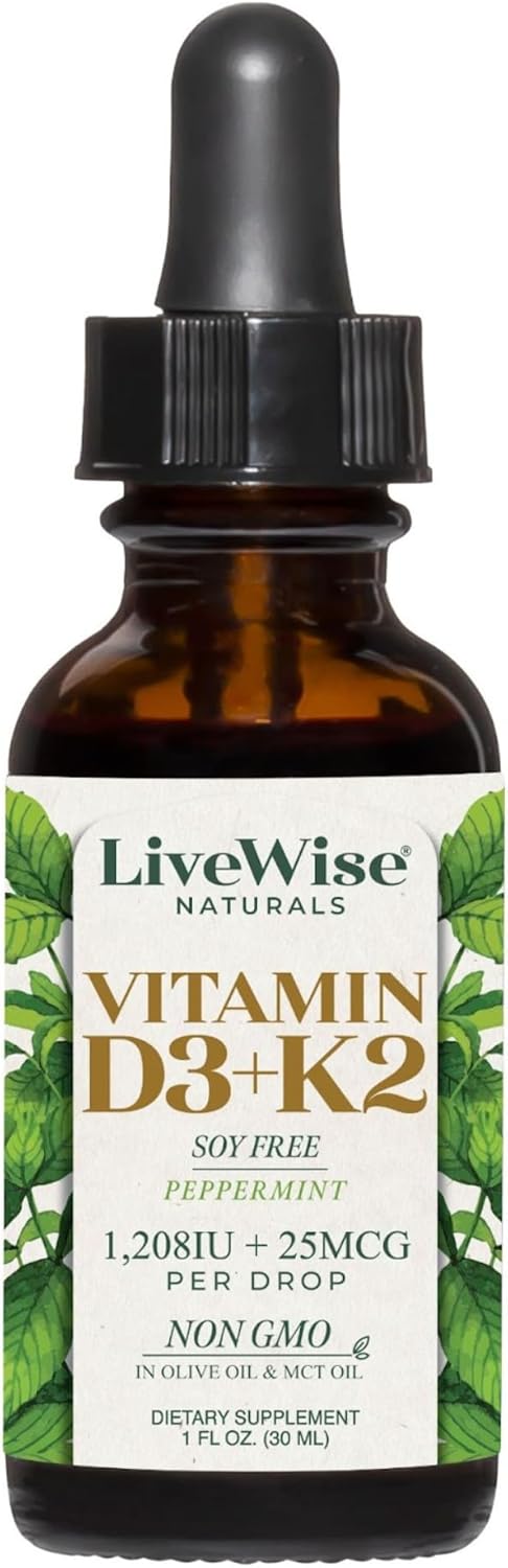 LiveWise Naturals Vitamin D3 with K2 Liquid Drops, All Natural, Non-GMO, USA Made, 1208 IU Vitamin D3 & 25 mcg K2, Supports Bone Health and Energy Levels, Infused with Peppermint, Olive, and MCT Oil