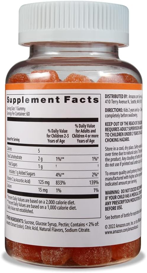 Amazon Basics Kids' Vitamin C 125mg Gummies, Orange, 60 Count, Immune Health, 2 Month Supply (Previously Solimo)