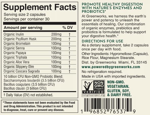 Greenworks Nature's Digest - Advanced Daily Digestive Support for A Healthy Gut and Microbiome - Shelf Stable - Organic, Vegan, Non-GMO (60 Capsules)