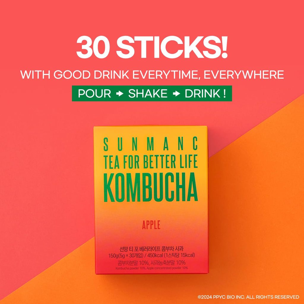 SUNMANC Kombucha 30 packets, Sparkling Probiotic Fermented Drink, Convenient Powdered Drink Mix, Tea Powder, Low Calories, Sugar 0g, Low Caffeine (Apple)