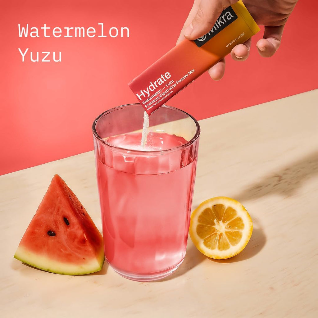 Mikra Hydrate Electrolytes Powder Packets, Sugar Free Hydration Powder Sticks, Naturally Flavored Electrolyte Drink Mix for Needed Hydration Support, Daily Wellness & Workout, Watermelon Yuzu, 24 Pack