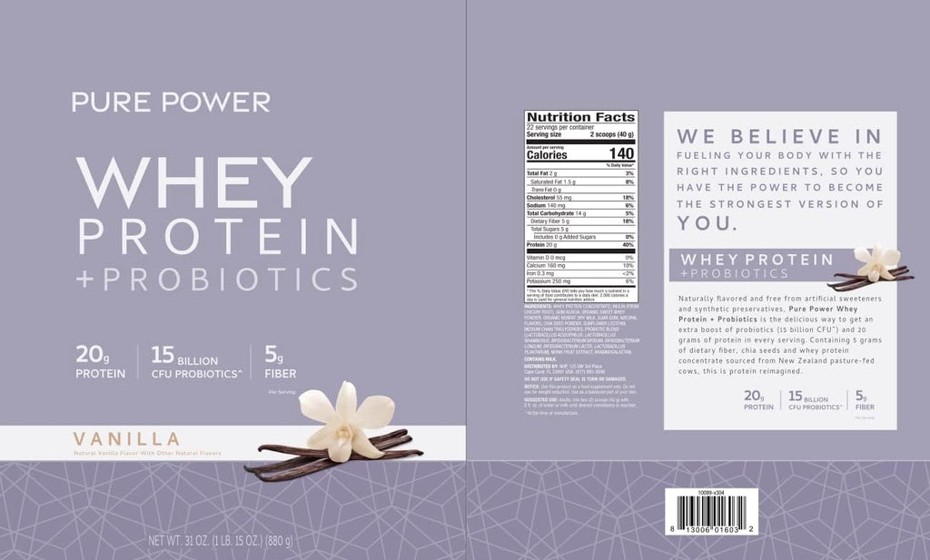 Dr. Mercola Pure Power Whey Protein + Probiotics - 15 Billion CFU - Gut, Muscle & Immune Support - with MCTs & Fiber - Non-GMO & Gluten-Free - 31 oz (22 Servings) - Vanilla