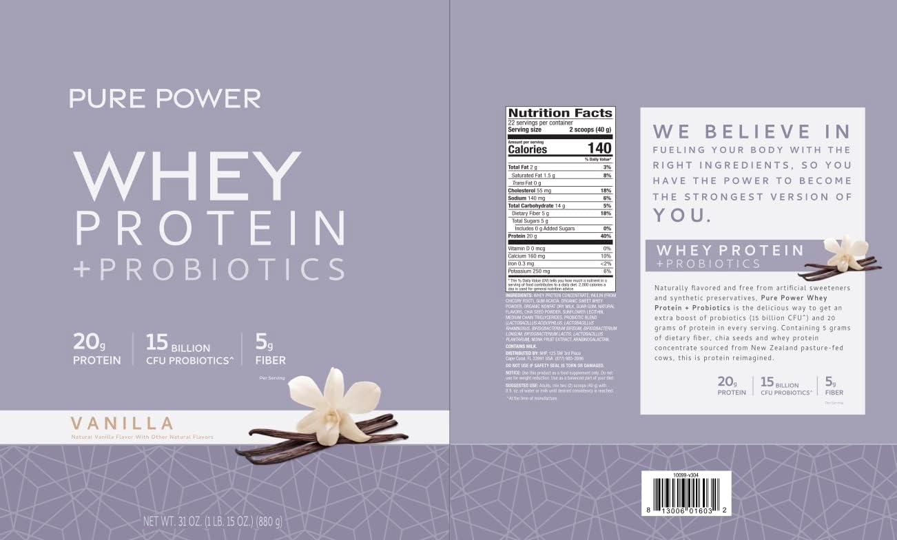 Dr. Mercola Pure Power Whey Protein + Probiotics - 15 Billion CFU - Gut, Muscle & Immune Support - with MCTs & Fiber - Non-GMO & Gluten-Free - 31 oz (22 Servings) - Vanilla
