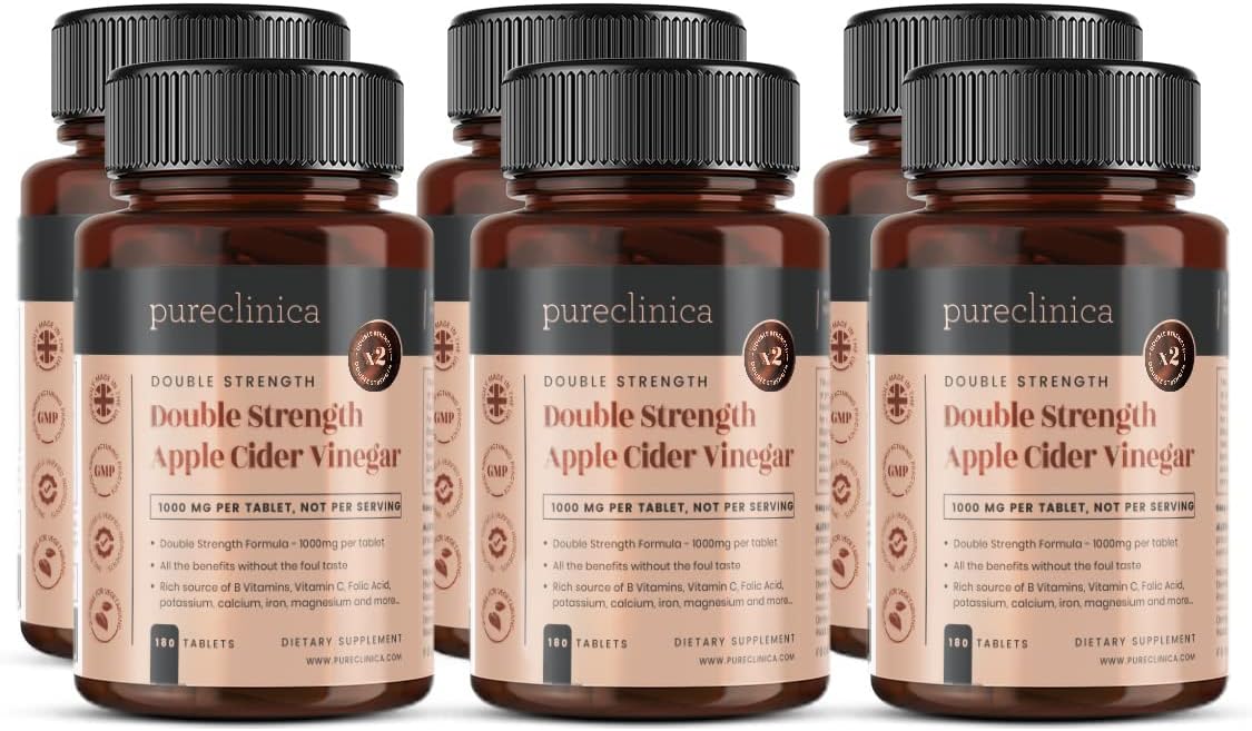 pureclinica Double Strength Apple Cider Vinegar 1000mg x 1080 Tablets (6 Bottles of 180 Tablets - 3 Years Supply)