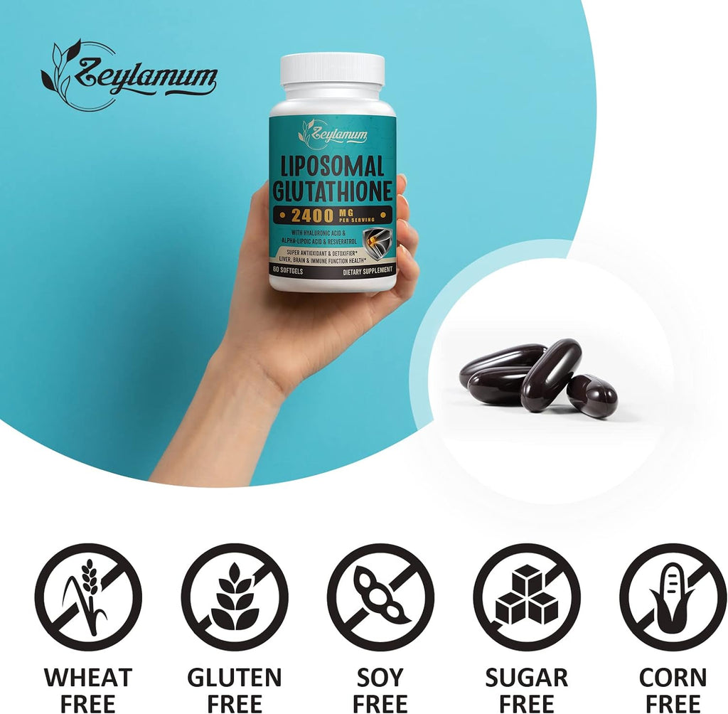2400 MG Liposomal Glutathione Softgels, Max Absorption, Active Form L-Glutathione Reduced (GSH), with Hyaluronic Acid, Resveratrol, Master Antioxidants for Detox, Brain, Immune System, 360 Softgels