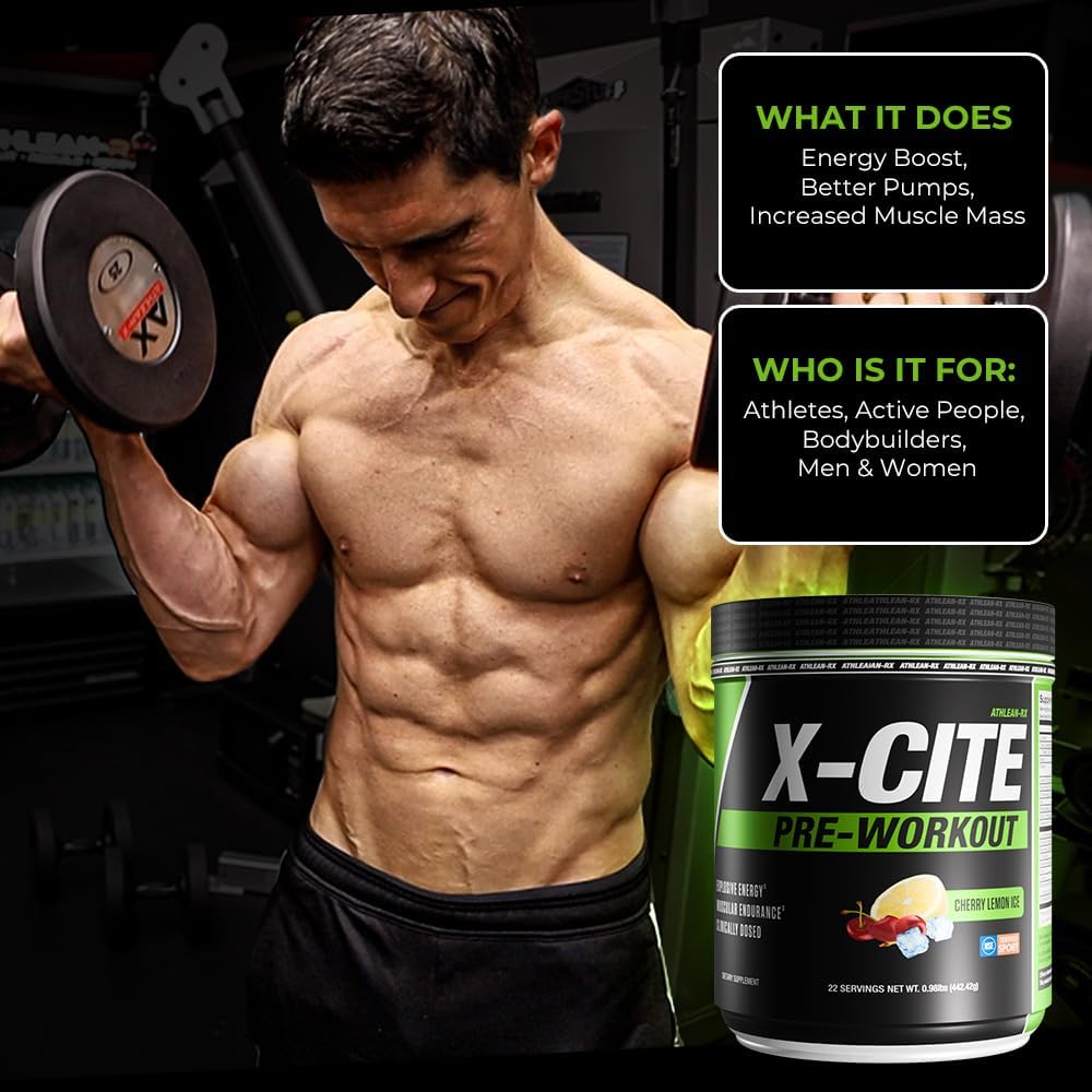 X-CITE Pre-Workout by ATHLEAN-X - Enhanced Formula with Beta-Alanine, Creatine & Caffeine for Ultimate Energy, Endurance, Focus & Muscle Pump, NSF Certified for Sports (22 Servings, Cherry Lemon Ice)