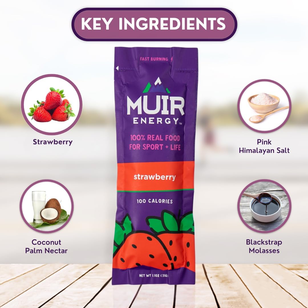 MUIR Strawberry Real Food Energy Gel - 10 Count | Organic Vegan Paleo Non-GMO Gluten-Free Fast Burning Endurance Gel | Clean Energy for Runners Cyclists & Athletes | No Artificial Flavors