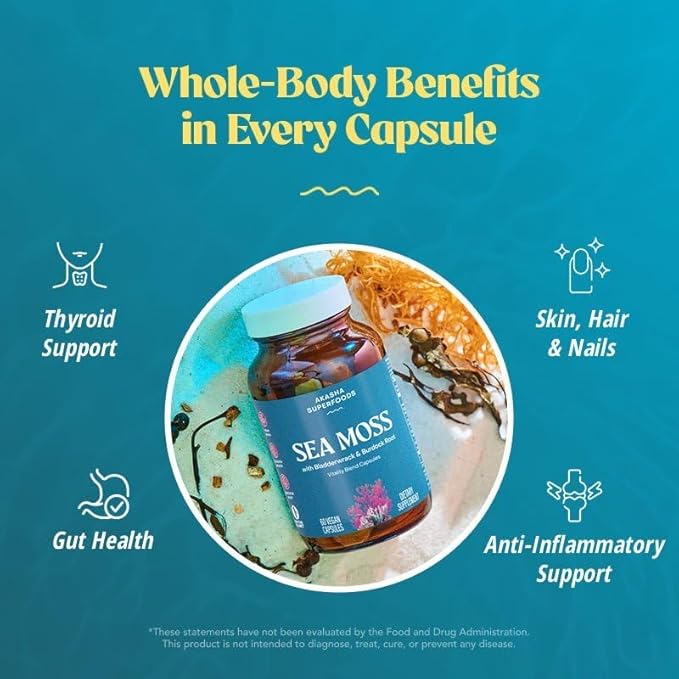 Akasha Superfoods Sea Moss Capsules, Organic Irish Moss with Bladderwrack Root, Burdock Root, and BioPerine, Skin, Thyroid, Digestion & Immunity Support for Women & Men, Gluten Free, Vegan, 60 Count