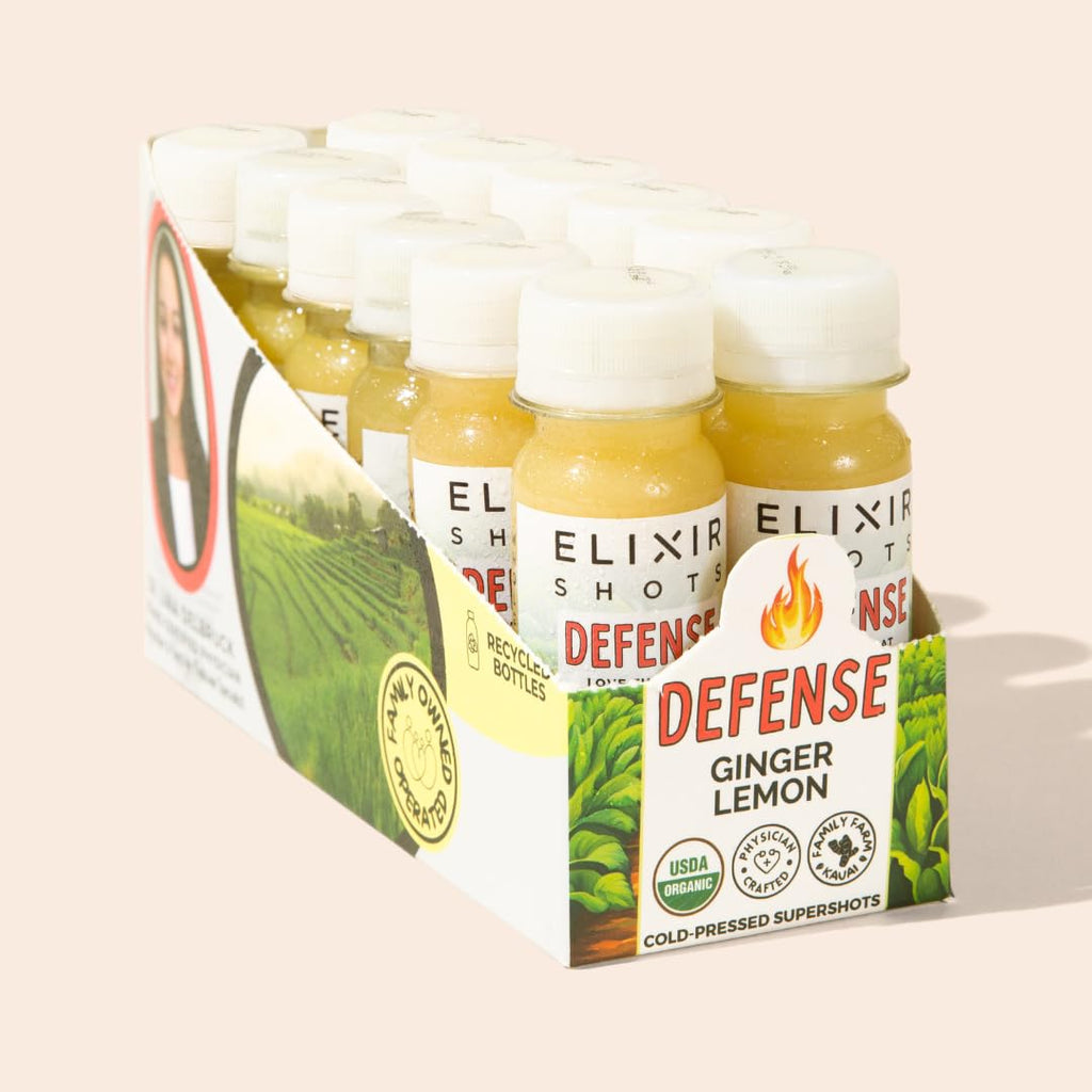 Elixir Shots, Ginger Lemon Wellness Shot with 100% Cold-Pressed Organic Ingredients, No Added Sugars or Artificial Ingredients, Defense Supershot, 12-Pack