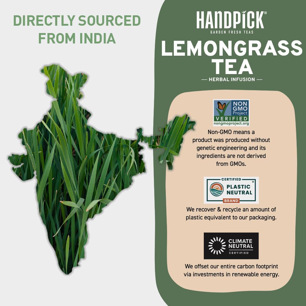HANDPICK, Lemongrass Tea Bags (100 Count) Non-GMO, Caffeine Free - Quality Lemongrass Herbal Tea- Eco-conscious Round Tea Bags | Brew Hot or Iced Tea