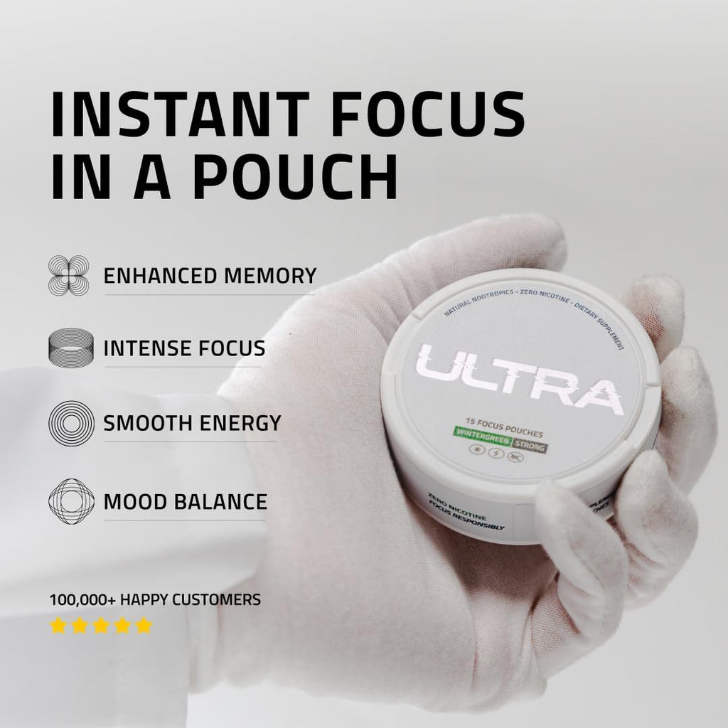 Ultra Focus Pouches with Vitamin B12, L Theanine, Vitamin B6, Ginseng & Alpha GPC, Natural Adaptogens and Nootropics for Energy and Clarity, Plant Based and Caffeine Free, Wintergreen, 3 Pack