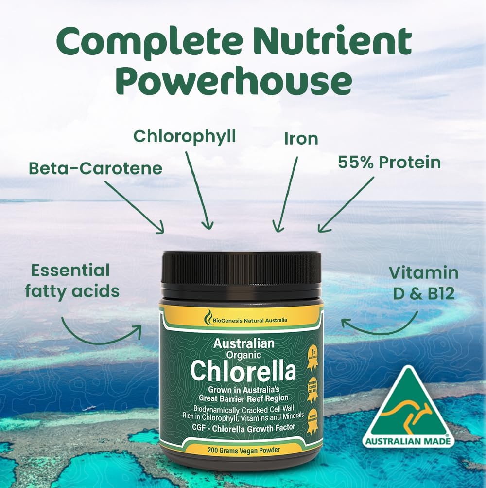 Biogenesis Organic Chlorella Powder – 200g | Australian Grown | BioDynamic Cracked Cell Wall | Rich in Chlorophyll, Vitamins & Minerals | Supports Energy & Immunity | Vegan Powder